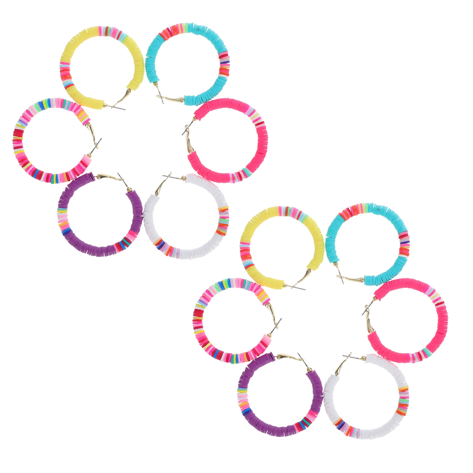 

6 Pairs Colorful Polymer Clay Earrings Open Circle Beads Hoops Beaded Small Alloy