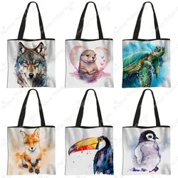 Woodland Animal Watercolor Tote Bags Wolf Fox Parrot Owl Turtle Large Capacity Shoulder Bag Reusable Shopper Bags Messenger Bag