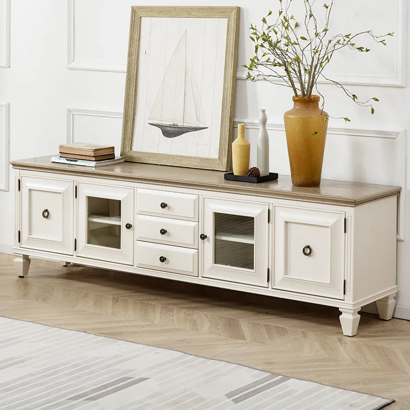 TV cabinet light luxury Mediterranean pure solid wood furniture double-spell color living room audio-visual floor cabinet
