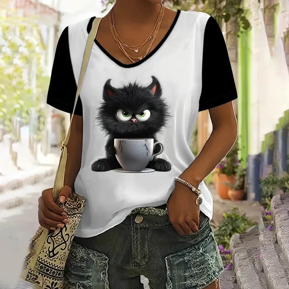 Summer Women V-Neck T-Shirts Tea Cup Cat Print Casual Pullover Loose Short Sleeves Oversized Tee Shirt Female Clothing 2024 S-4x