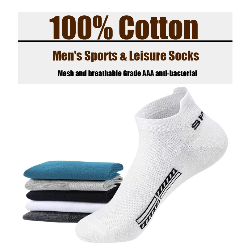 5 Pairs  Men Ankle Socks Summer Thin Mesh 100% Cotton Non-Slip Sports Socks Casual Athletic Cut Short Sokken Size 38-46