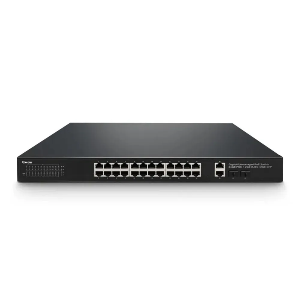 Wholesale 24-port IEEE 802.3af/at rack-mounted gigabit unmanaged 400W PoE+ switch, with 2 1Gb SFP uplinks, suitable for VoIP