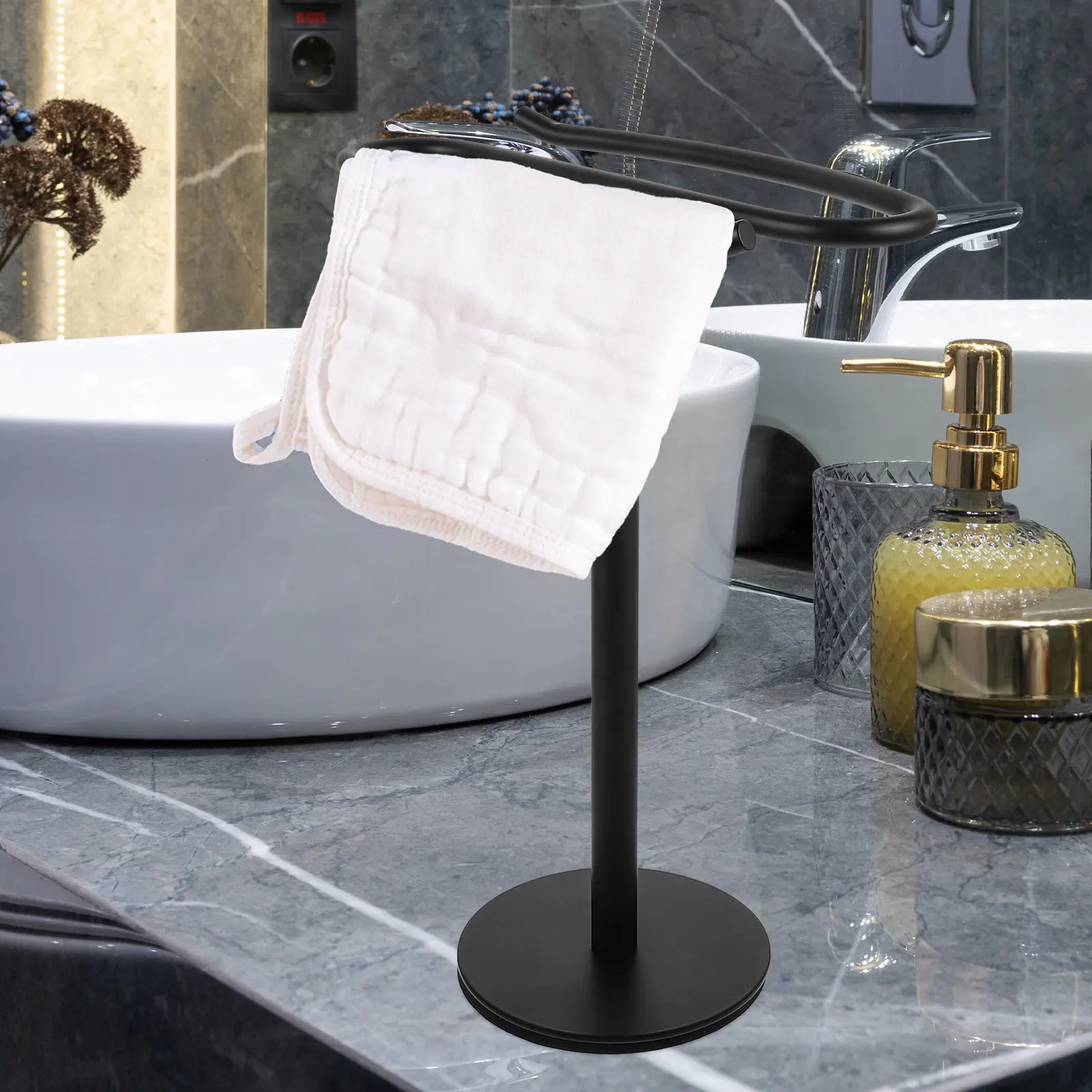 

Stainless Steel Hand Towel Holder Free Standing Towel Rack for Bathroom Kitchen Countertop Towels Storage Stand
