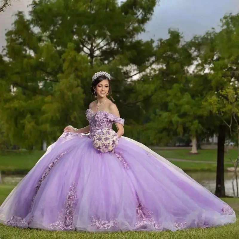 Off Shoulder Ball Gown Quinceanera Dresses With 3D Appliques Lilac Prom Party Dress Vestidos customized