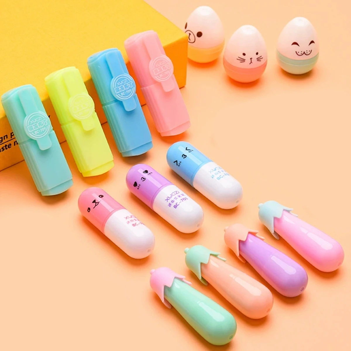 6Pcs Kawaii Cute Highlighter Pen Set,Bright Chalk Fluorescent Markers,Colored Highlighting Pens for School Stationery Supplies