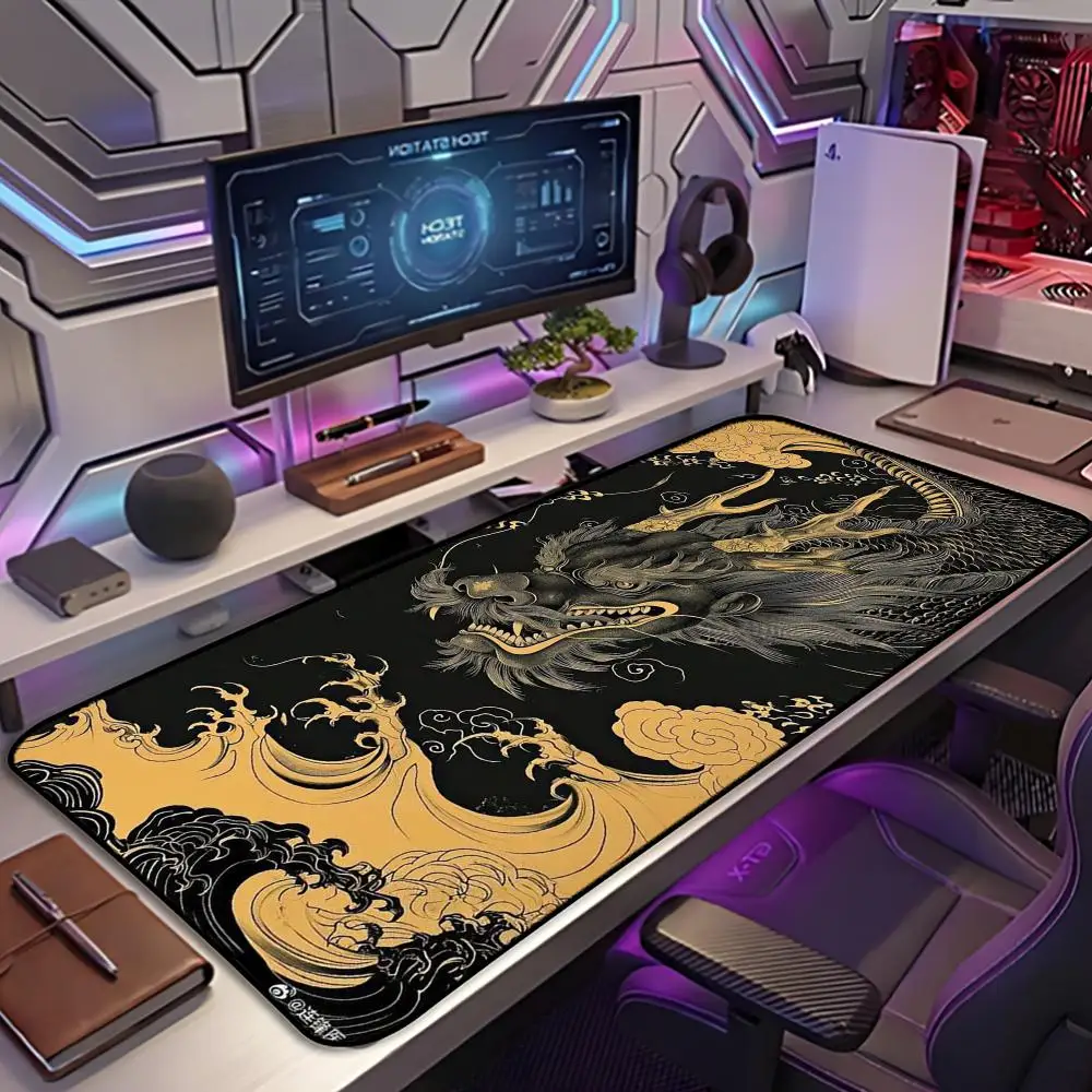 Chinese Golden Dragon Wave Large Extended Gaming MousePad Ukiyo-E Oriental Cloud Desk Mat Stitched Edge Non-Slip Rubber Keyboard