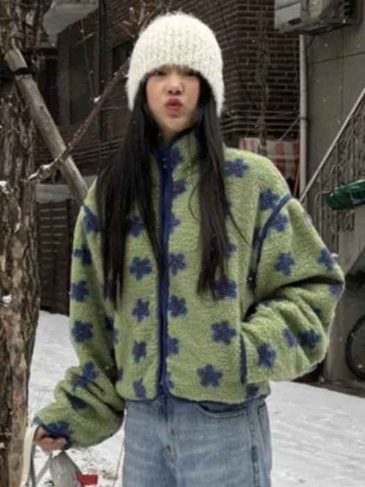 Retro Sweet Color Blo Flower Print Fluffy Zipper Cotton Jaet Women's Winter Loose Long Sve Warm Cotton Outerwear