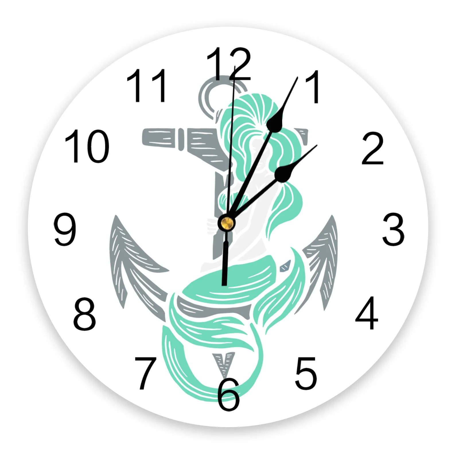 Anchor Mermaid Illustration Wall Clock Decorative for Living Room Kitchen Bedroom Home Office Silent Wall Clocks