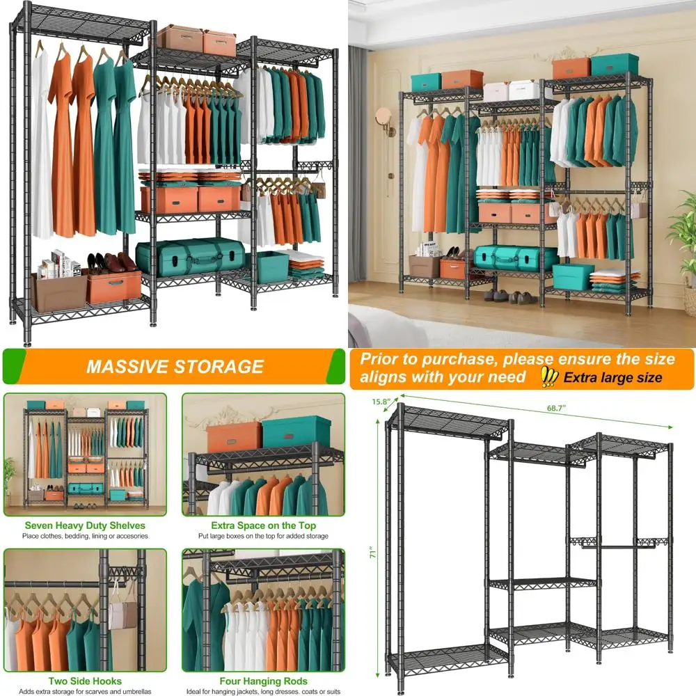 رف ملابس محمول عالي التحمل مع 4 قضبان تعليق و7 أرفف وخطافين لحلول التخزين القائم بذاته #1