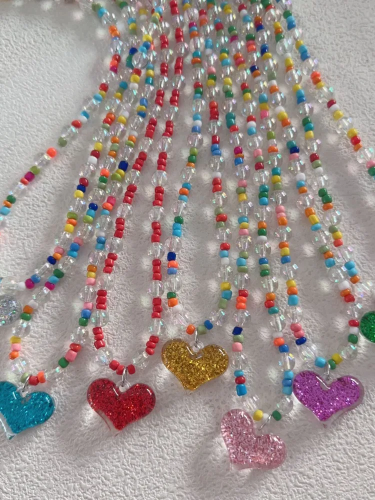 Creative Colorful Beaded Love Pendant Necklace, Female Instagram, Unique Design Accessories, Sweet and Cool Sweater Chain