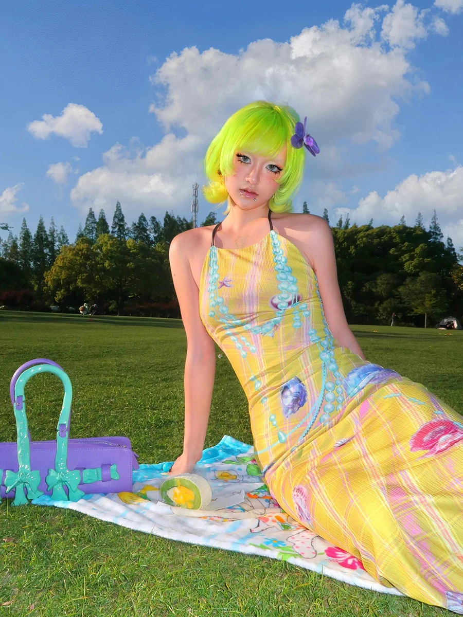 ReddaChic-vestido largo con estampado geométrico de craquel de perlas en 3D para mujer, vestido Retro de tartán Y2k con espalda abierta, trajes de Festival de concierto de verano