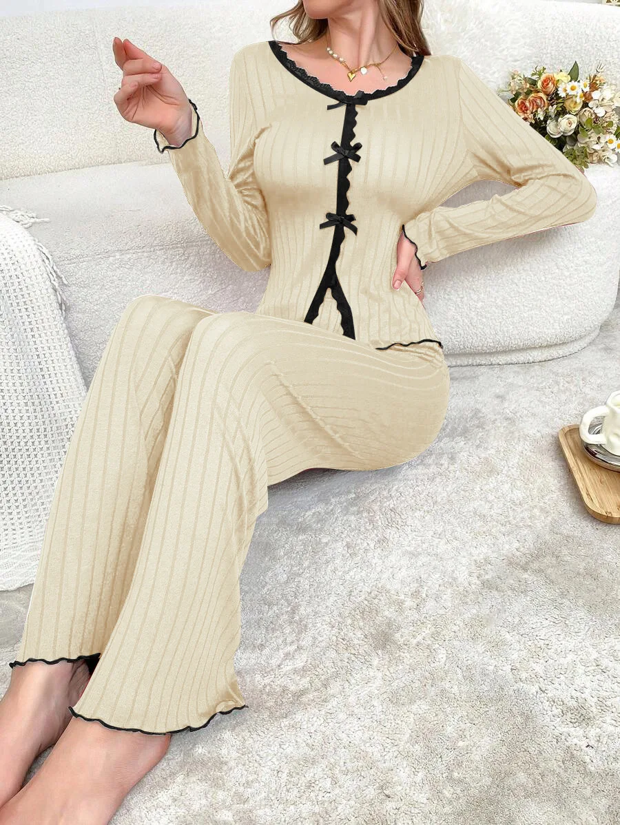 Autunno Inverno Vestiti per la casa Set di spwear con finiture in pizzo da donna Set lungo Sve rotondo Ne Pantaloni lunghi Casual Faion Outfit Set a due pezzi