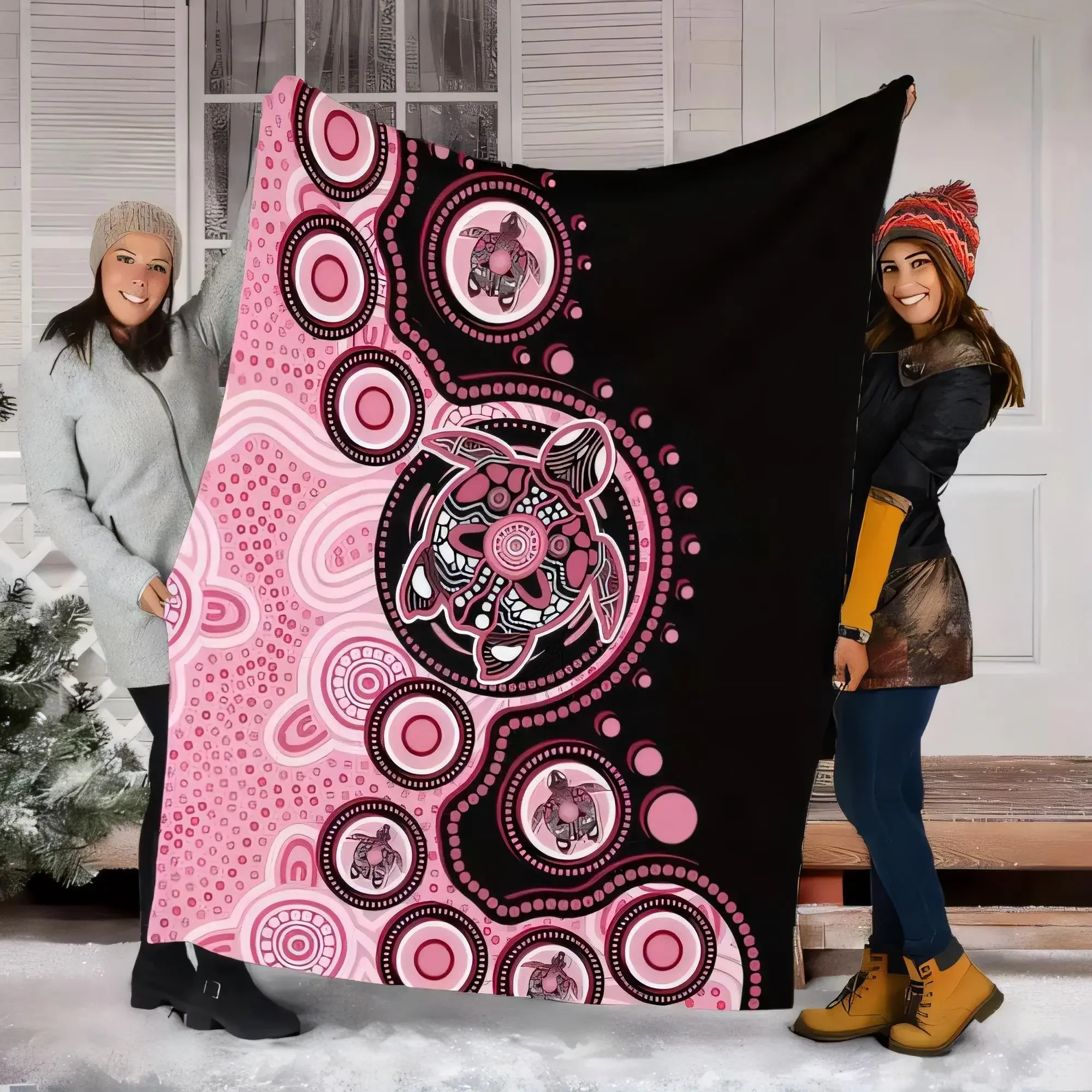 Aboriginal Art Style Blanket Pink and Black Large Cozy Throw with Turtle Motifs for Winter, Perfect for Outdoor Use and Stylish