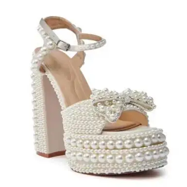 

2025 New Ankle Strap Pearls Peep Toe Summer Women Sandals Chunky High Heels Buckle Strap Design Large Size Wedding Shoes
