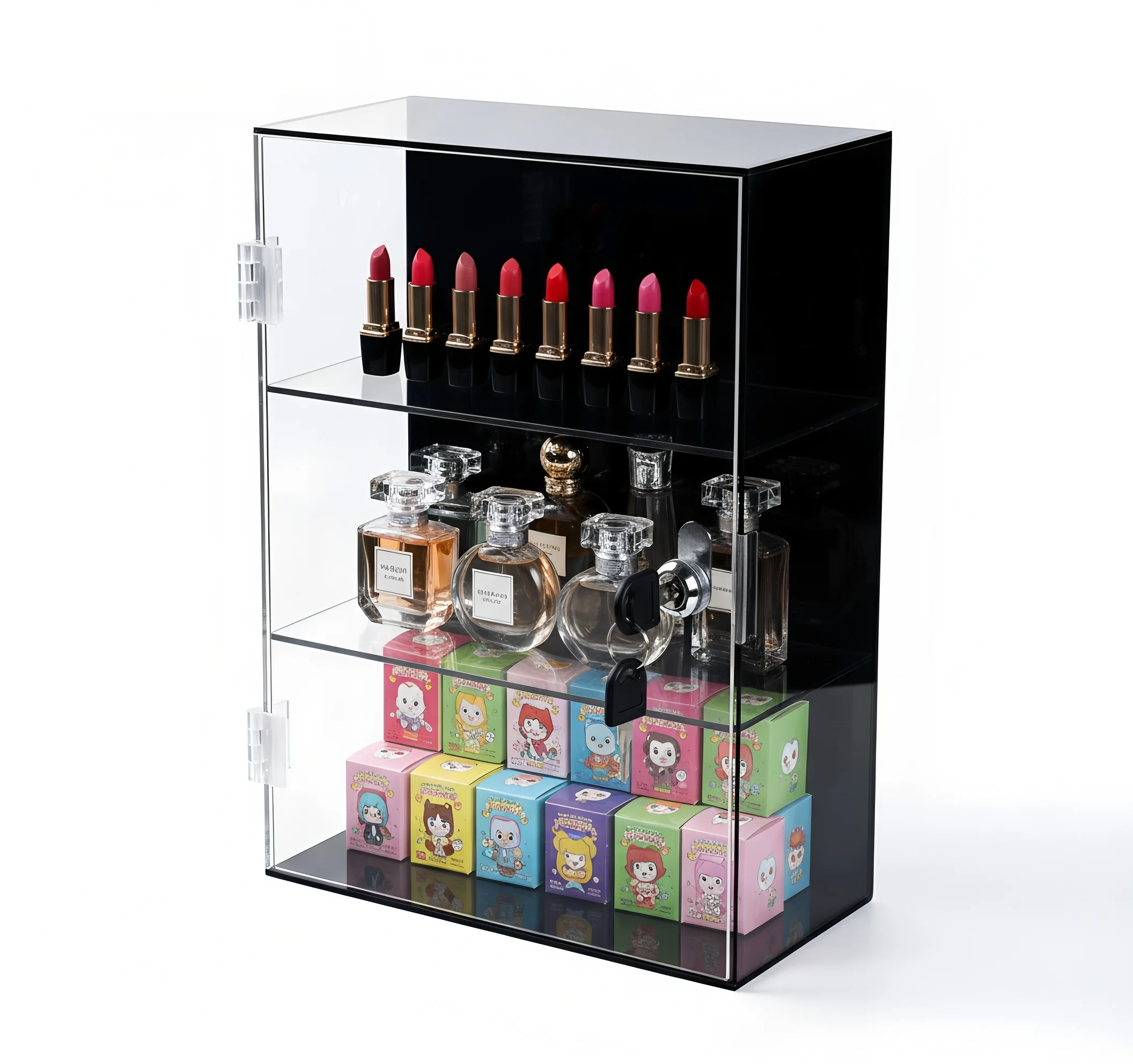 Acryl-Aufbewahrungsschrank zum Schließen von Kosmetik-, Parfüm-, Lippenstift- und Kleinteilebehältern, handgefertigt, staubdicht, diebstahlsicher. – Detail 4