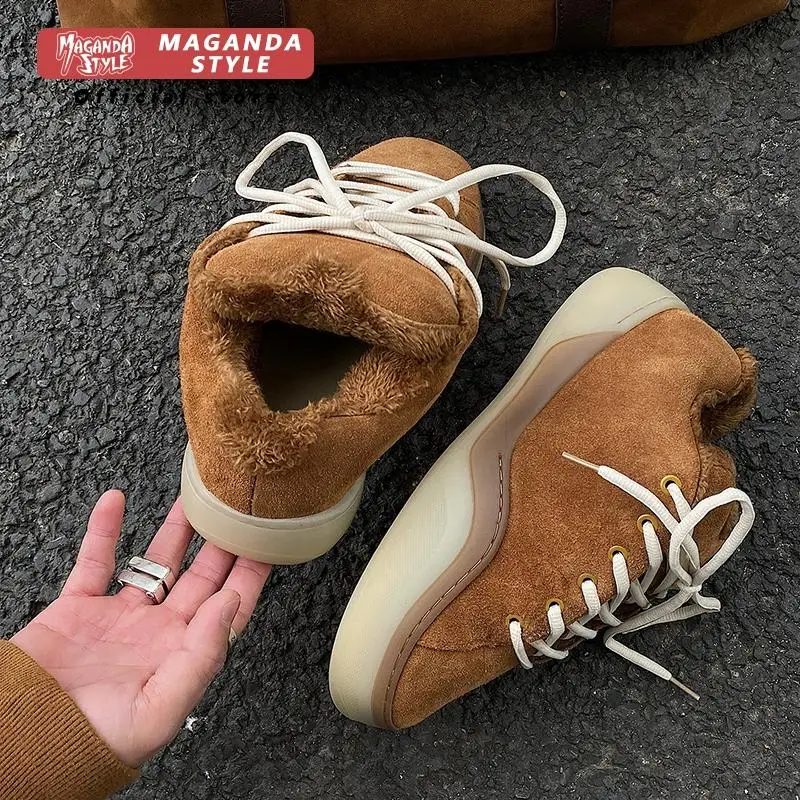 Autumn and winter suede corduroy bread shoes for men and women's casual board shoes with velvet trend amber color