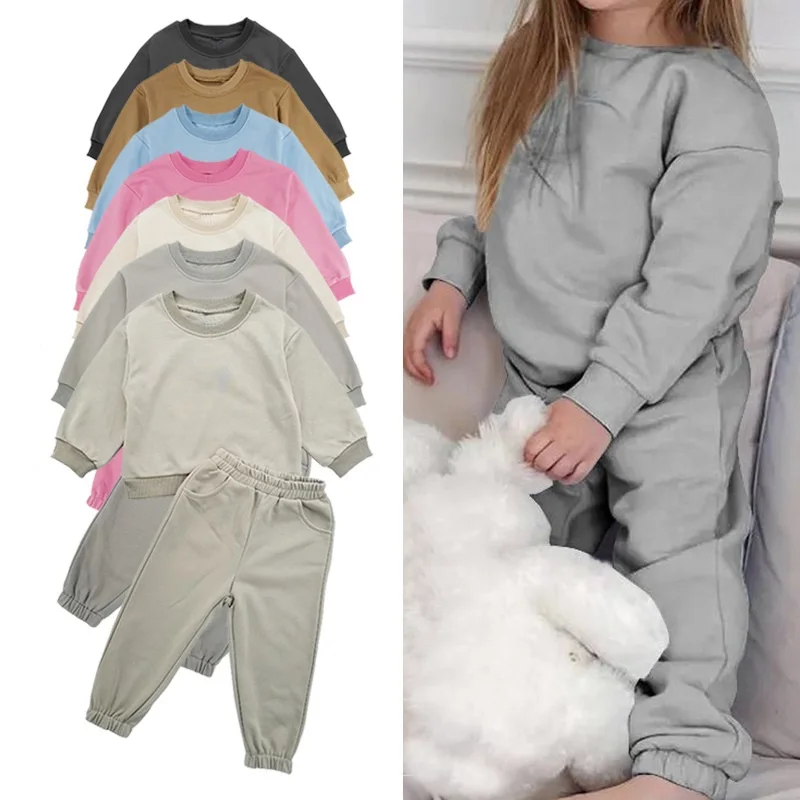 

Baby clothing 2-10 year old boy solid color T-shirt top and pants set casual round neck girl pullover two-piece set for spring