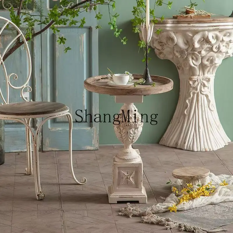 

FG Vintage Coffee Table Solid Wood Carved Side Leisure Homestay Balcony Tea Table Home Round