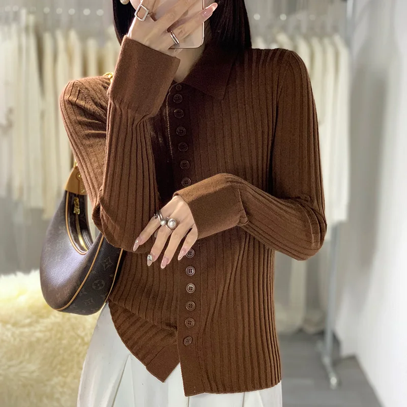 Women\'s Cardigan Autumn/Winter 100% Wool Sweater Casual Solid Color Knitted Sweater POLO Neck Tops All-match Basic Slim Blouse