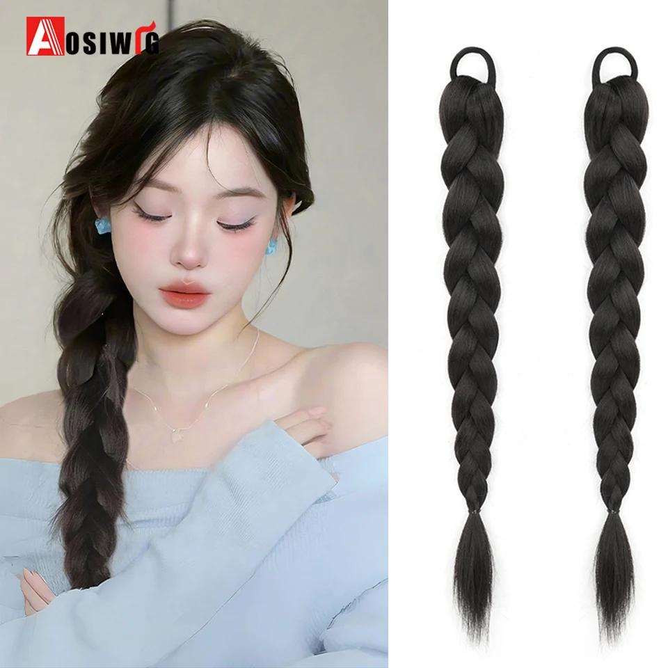 Synthetic Braided Ponytail Hair Extension With Rubber Band Boxing Braids For Women Hair Accessories Long Black Braids