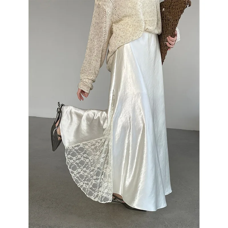 

2026 Lace Satin Half Skirt Elegant Goddess Style Women's Fluffy Skirt Long Draping Polyester Pure Color Spring Skirt