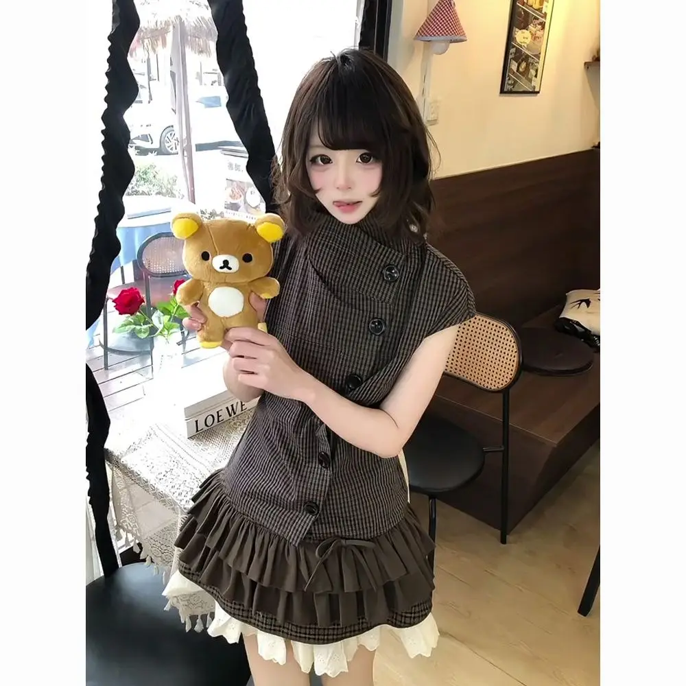 MAGOGO Japanese Sweet Girl Retro Brown Plaid Short-sleeved Shirt Summer Chocolate Color Short Tutu Skirt Suit