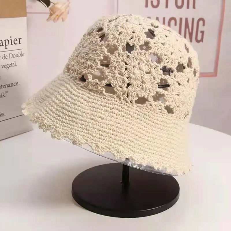 Women\'s knitted hat spring and summer gradient color handmade crochet flower toe cap hat retro beauty elegant hollow bucket hat