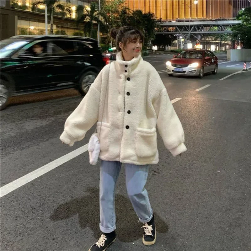 Sovob New Kawaii Turtleneck Single Breasted Jacket Women Loose Solid Color Parkas Ladies Korean Plush Thickened Warm Coats Woman