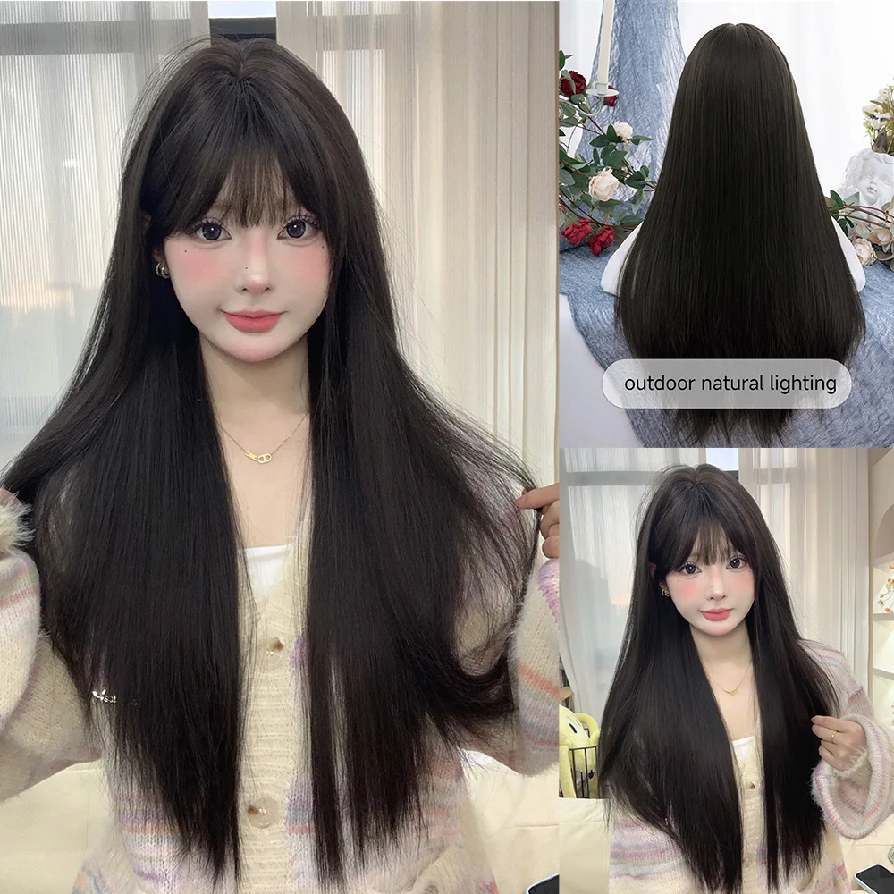 30Inch Black Pretty Girlish Synthetic Wigs With Bang Long Natural Straight Hair Wig for Women Daily Use Cosplay Heat Resistant