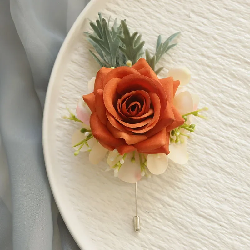 Boutonnière de Fleurs Artificielles pour Homme, Rose Orange, Corsage de Poignet, Demoiselle d'Honneur, Zones Me, Accessoires de Mariage