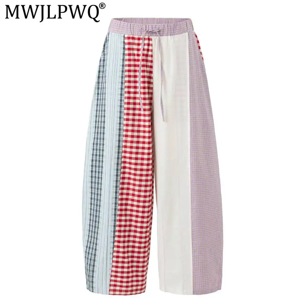 MWJLPWQ Irregularly Deconstructed Color-Blocked Plaid Trousers Men American Trendy Fashion Unique Loose Silhouette Pants 20344