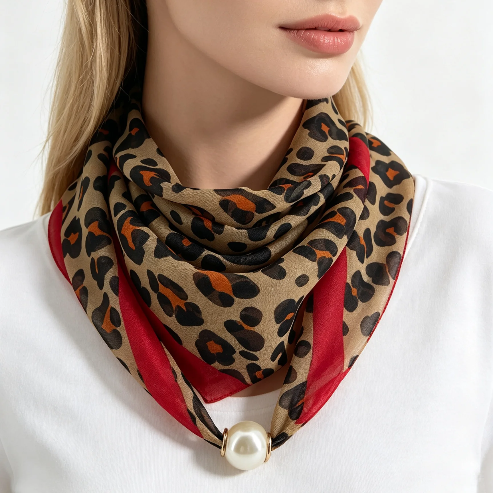 A Leopard Print Chiffon Scarf with an Artificial Pearl Magnetic Clasp, a Luxurious Neck Scarf for Quick and Easy Wear, a Lightweight and Ultra-Thin Decorative Scarf
