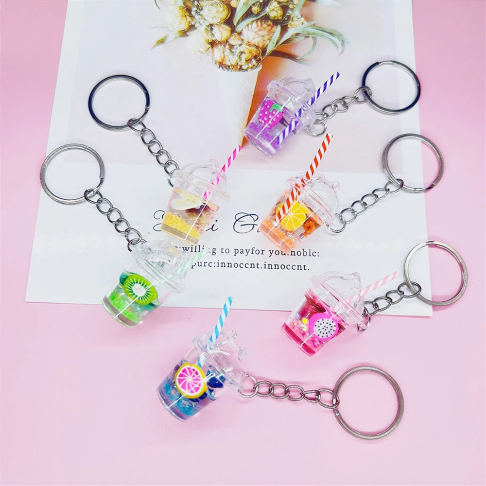 Mini Luminous Fruit Bubble Tea Cup Keychain For Women Girls Bag Cute Simulation Car Toy Pendant Bag Ornaments Creative DIY Gifts