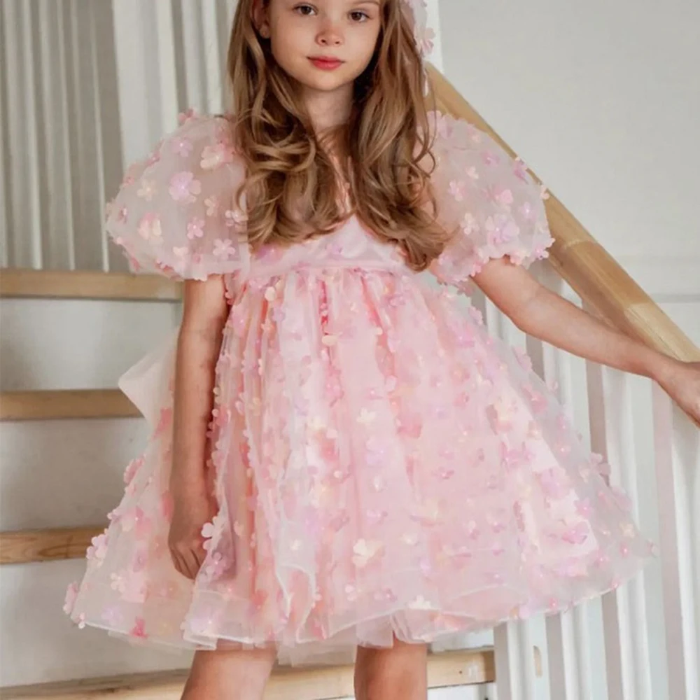 Pink Flower Girl Dresses Little Girl's Birthday Party Gowns 3D Flowers Short Lantern Sleeves Baby Kids First Communion Dresses