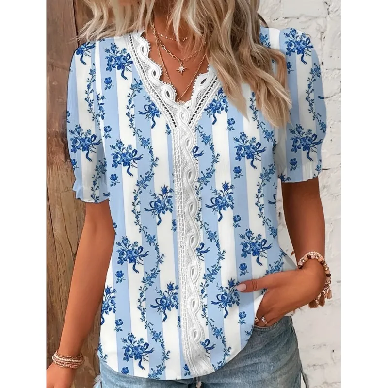 Floral Print Women\'s Blouses Fashion Sexy V-neck Casual Short Sleeve Tops Shirts Elegant Office Ladies Shirts Female Streetwear