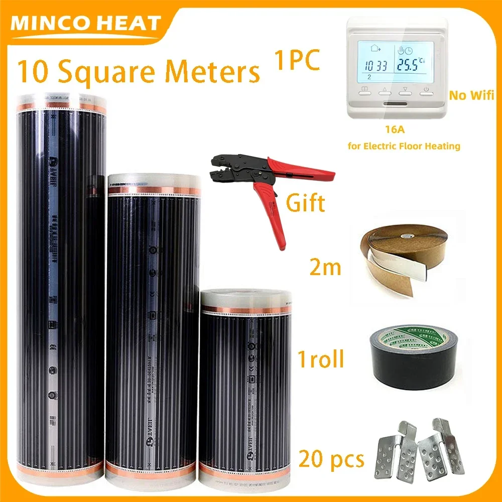Minco Warmte 220W/ ㎡ 50/80 cm breedte 10 m2 infrarood vloerverwarmingsfilm met wifi-thermostaat installatiekit