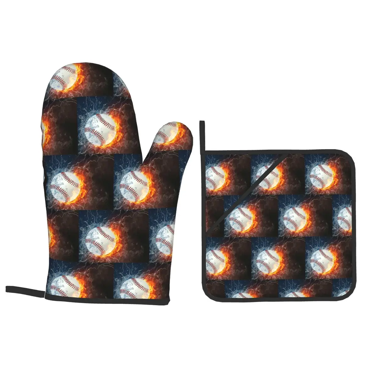 Baseball In The Fire And Water Oven Mitts and Pot Holder Sets of 4 for Baking Kitchen Cooking BBQ Resistant Non-Slip Gloves