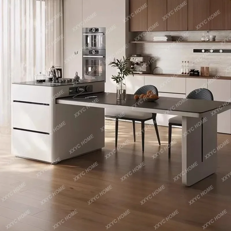 XX Modern Dining Table Furniture Simple Island Dining Table Retractable Rock Slab Multi-functional Tea Induction Cooker Cream