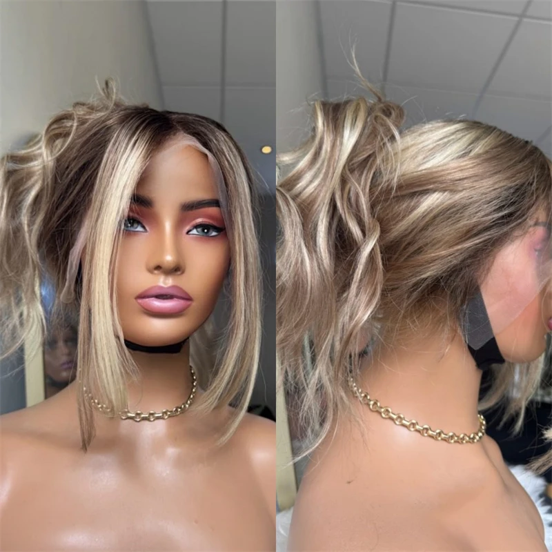 

Super Long Body Wave Wig Ombre Brown with Honey Blonde Streaks Highlight Lace Front Synthetic Premium Fibre Heat Resistant Wig