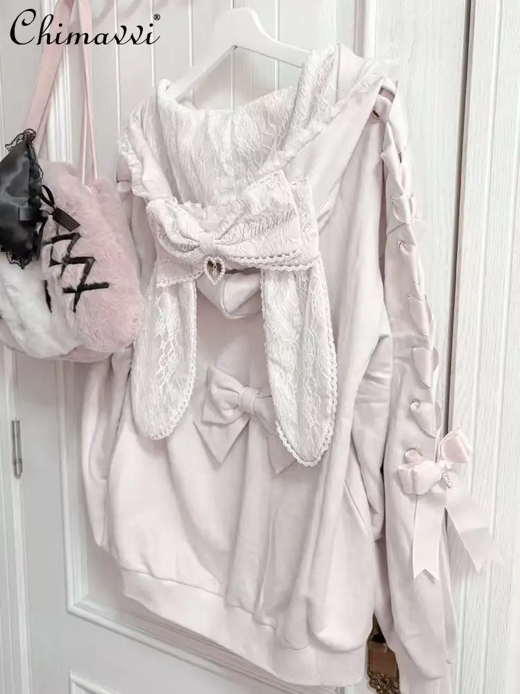 Autumn 2025 New Japanese Liz Cute Rabbit Ear Lace Hooded Sweatshirt Sweet Girl Women Loose Tie Long Sleeve Lolita Jacket