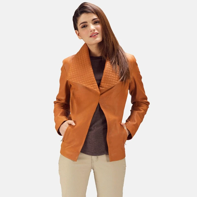 

Women Genuine Lambskin 100% Leather Blazer Jacket Stylish ONE BUTTON Tan Coat