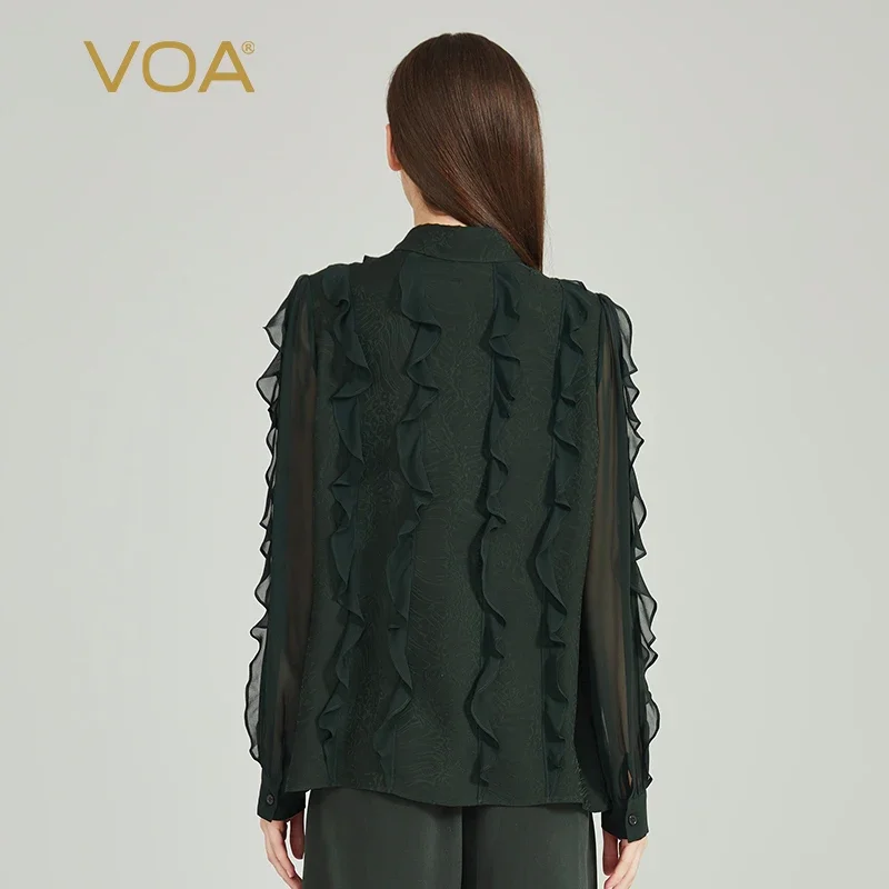 (خصم حصري للمعجبين) VOA 100% بلوزات نسائية بياقة بولو من قماش الجاكار الأخضر الحريري 100% بلوزات جورجيت بأكمام طويلة قميص فضفاض BE1388