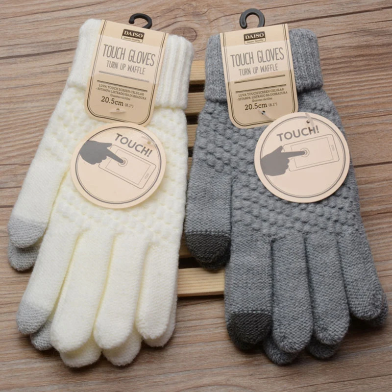 Guantes de invierno para pantalla táctil para hombre y mujer, manoplas de punto elásticas cálidas, de imitación de lana, de dedo completo, de