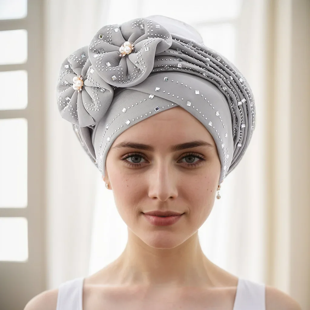 Diamonds African Caps Aso Oke Hijab Gele Headtie Already Made Turban Head Wrap Muslim Women Hat Auto Cap Headtie Aso Oke Gele