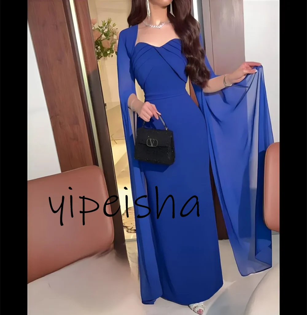 Customized Classy Long Royal Blue Chiffon Evening Dresses Sheath Sweetheart Pleated Prom Dress Floor Length for Women