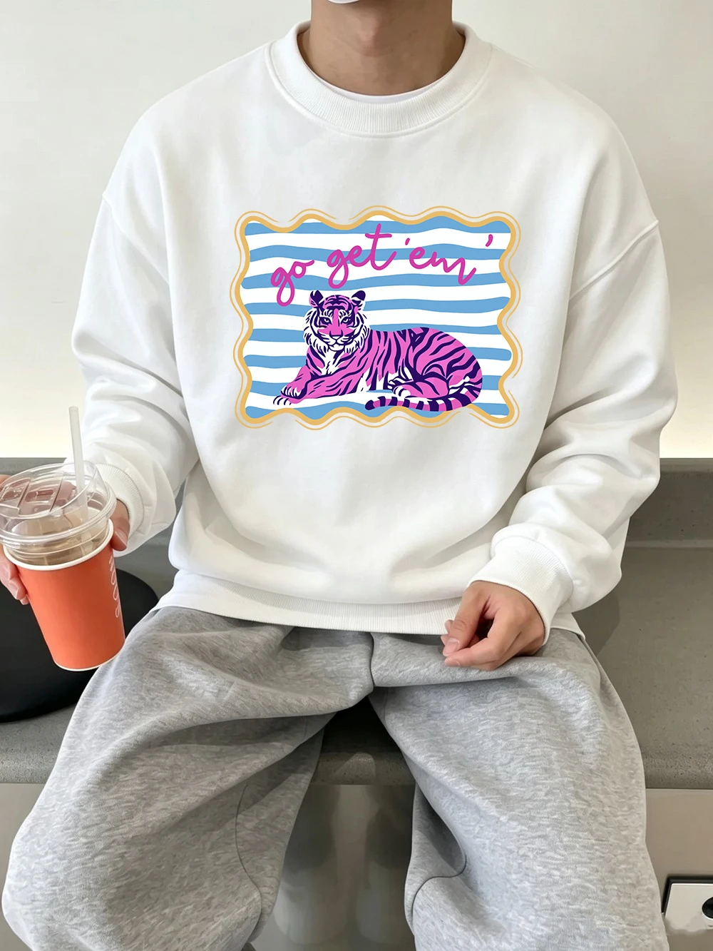 Go Get 'Em' Tiger Printing Pullovers Mens Winter Jogging Sweatshirts Oversized Crewneck Hoodies Basics Fleece Warm Sportswear