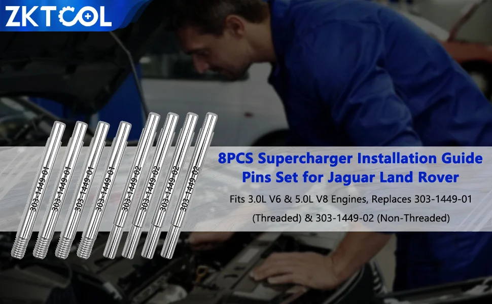 8-teiliges Kompressor-Installationswerkzeug für Jaguar Land Rover 3.0 5.0 V6 V8 Motoren, Gewinde- und Glattführungsstifte 303-1449 Set – Detail 1