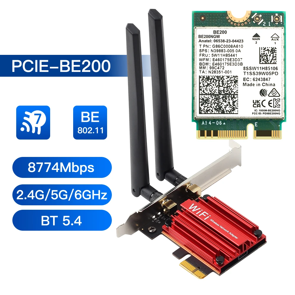 

PCIE Wi-Fi адаптер для Intel BE200 Wifi 7 8774 Мбит/с Bluetooth 5,4 беспроводная сетевая карта игровой ПК 2,4G/5G/6 ГГц для Win10/Win11