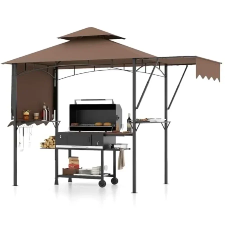 13x5 Ft Grill Gazebo with Dual Side Awnings 2-Tier Barbecue Gazebo with 2 Shelves 7 Hooks Adjustable  Outdoor Grill  for Backya