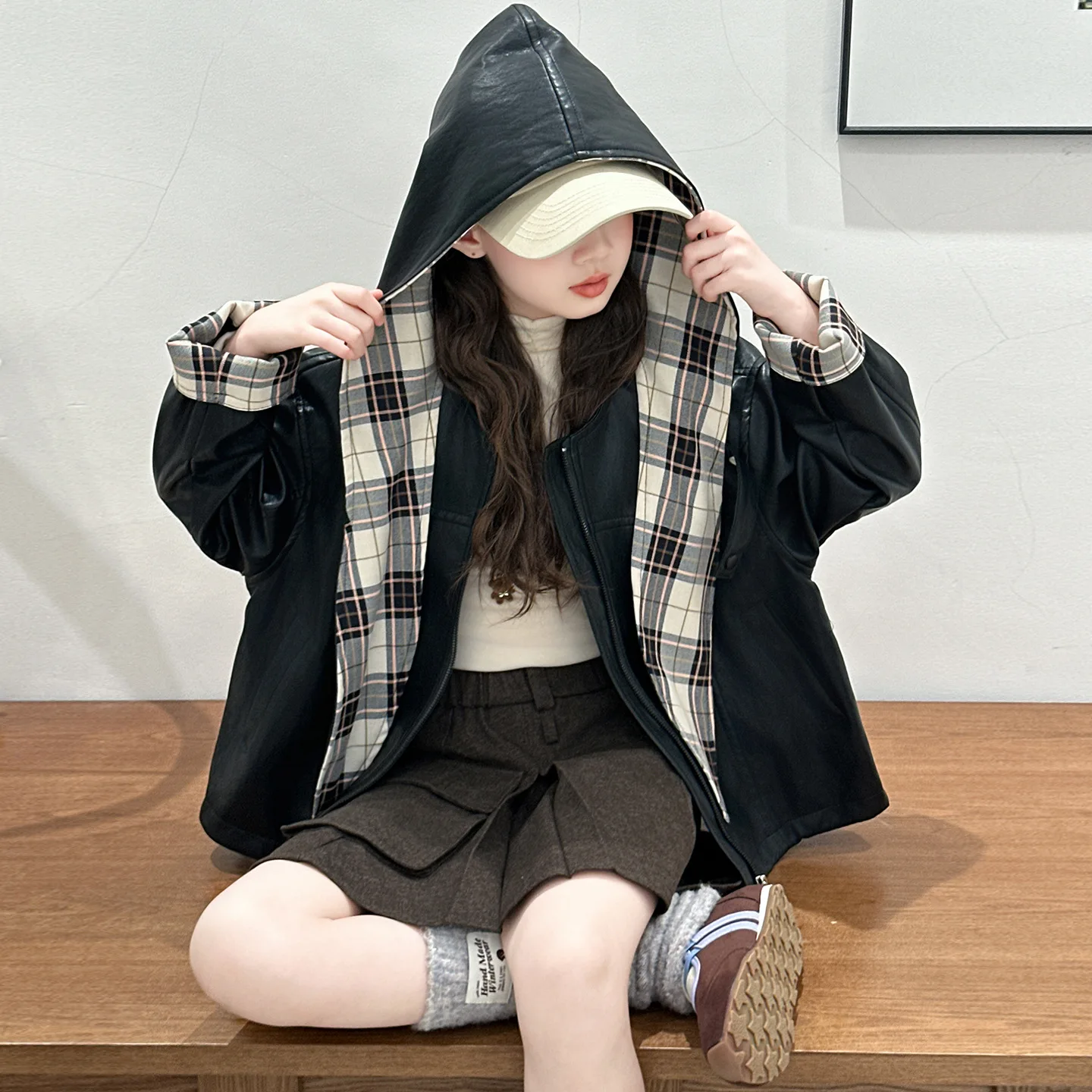 

Teenager Girls Autumn Jacket Junior Girls Plaid Patchwork Hooded Coat School Girls Loose Fashion Long Sleeve Leather Outerwear
